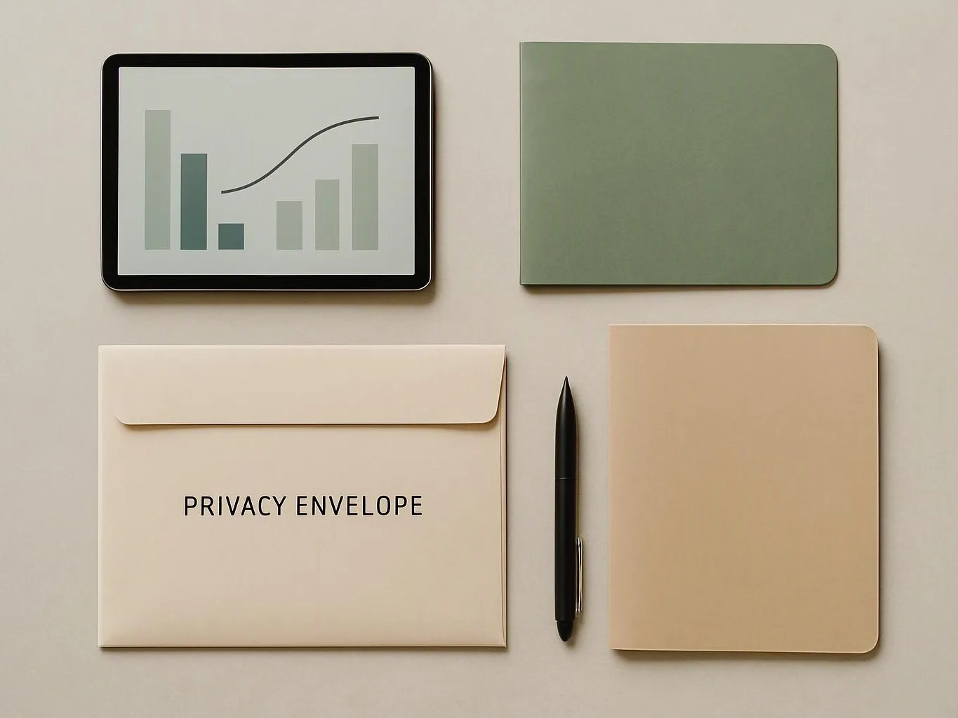 A tablet, folder, envelope, pen, and notebook are arranged neatly on a light desk, with "PRIVACY ENVELOPE" visible