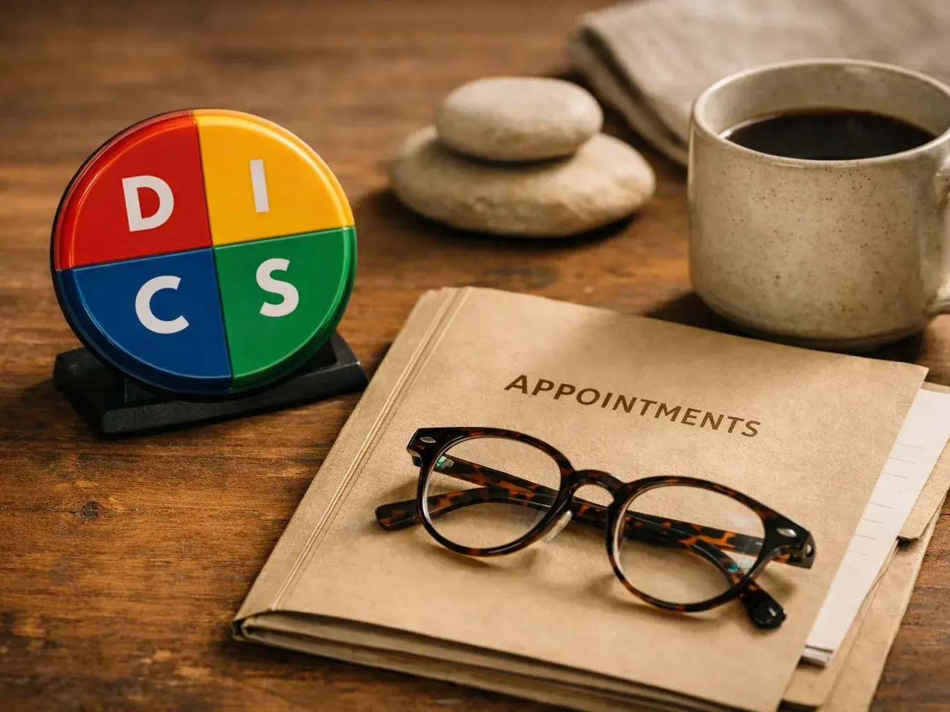 A tabletop scene shows a DISC wheel, eyeglasses, an appointments notebook, stacked stones, and a coffee cup