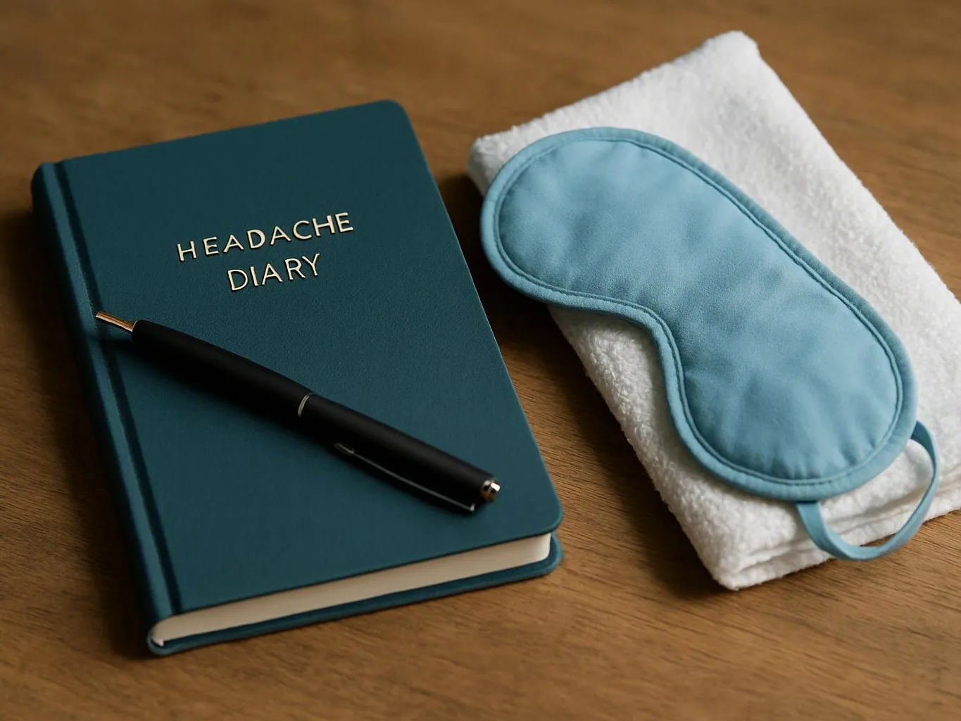 A teal notebook labeled “HEADACHE DIARY” sits beside a pen, sleep mask, and folded towel on a wooden table