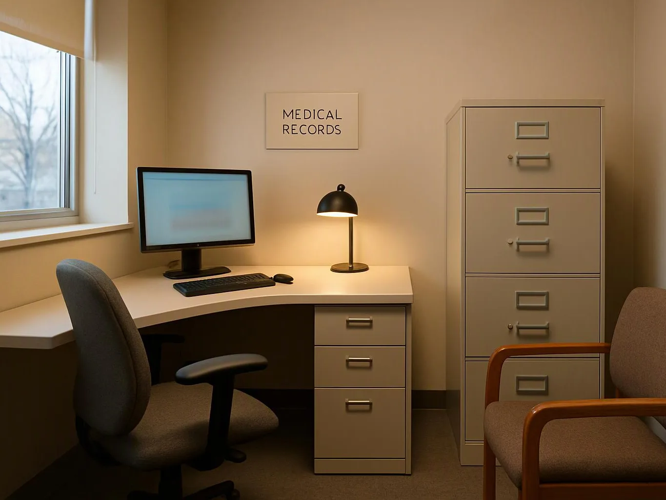 A tidy medical records office shows a desk, computer, lamp, filing cabinet, and waiting chairs