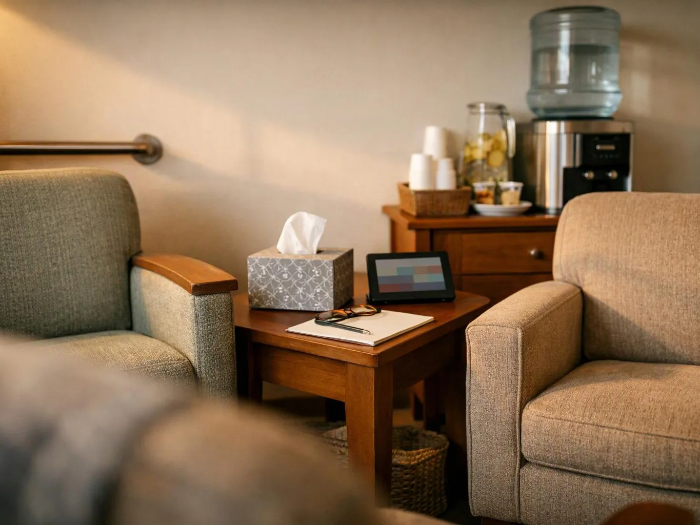 Two beige armchairs flank a wooden table with tissues, glasses, a notebook, and a small screen