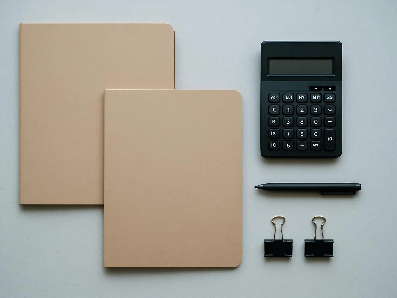 Two beige notebooks, a calculator, a pen, and two binder clips lie neatly on a light gray surface