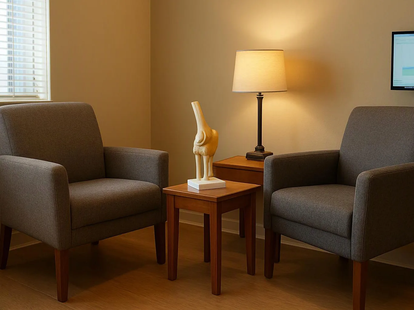 Two gray armchairs face a small wooden table with a lamp and a white sculpture in a warm room