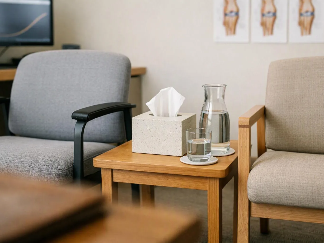 Two gray chairs face a small wooden table with water, a tissue box, and a glass carafe