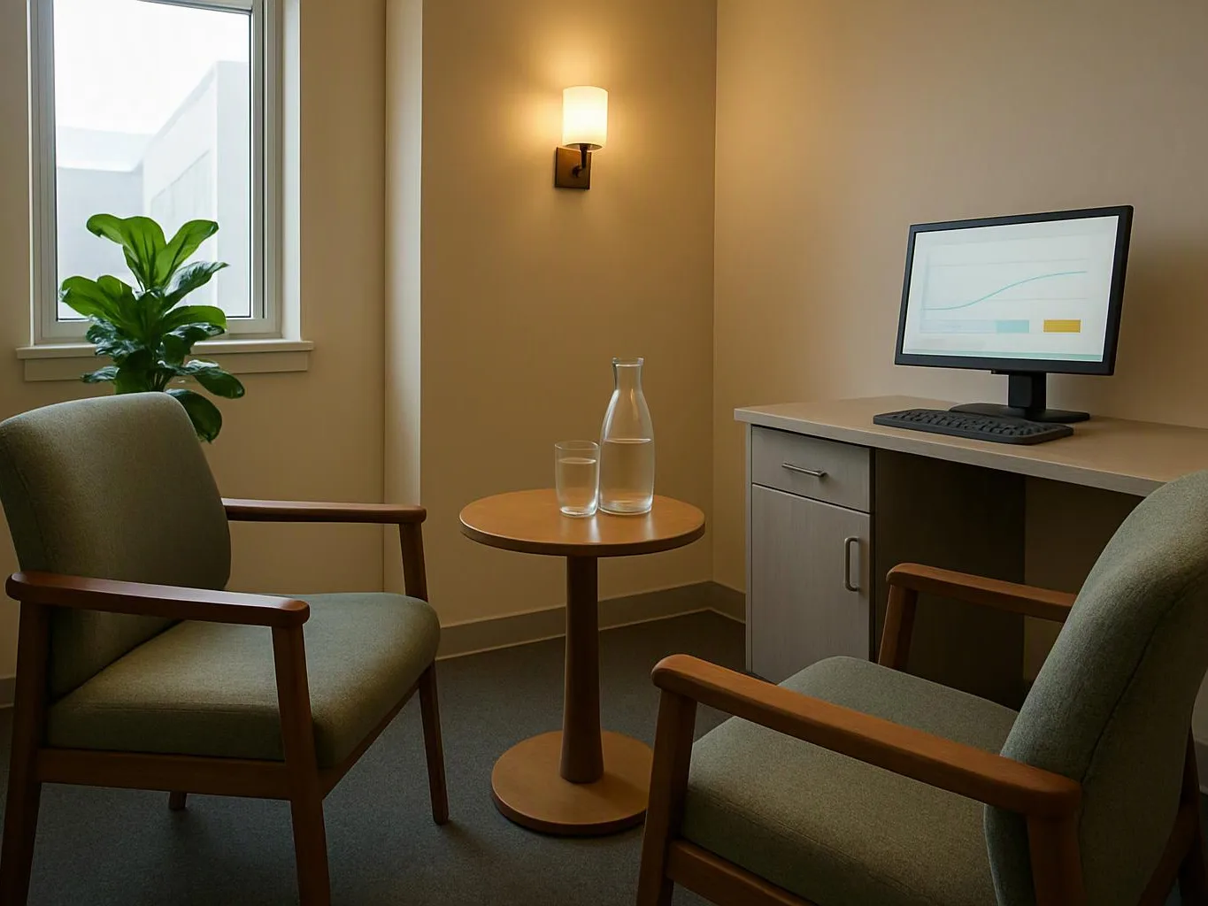 Two green chairs face a small table and computer in a quiet office room