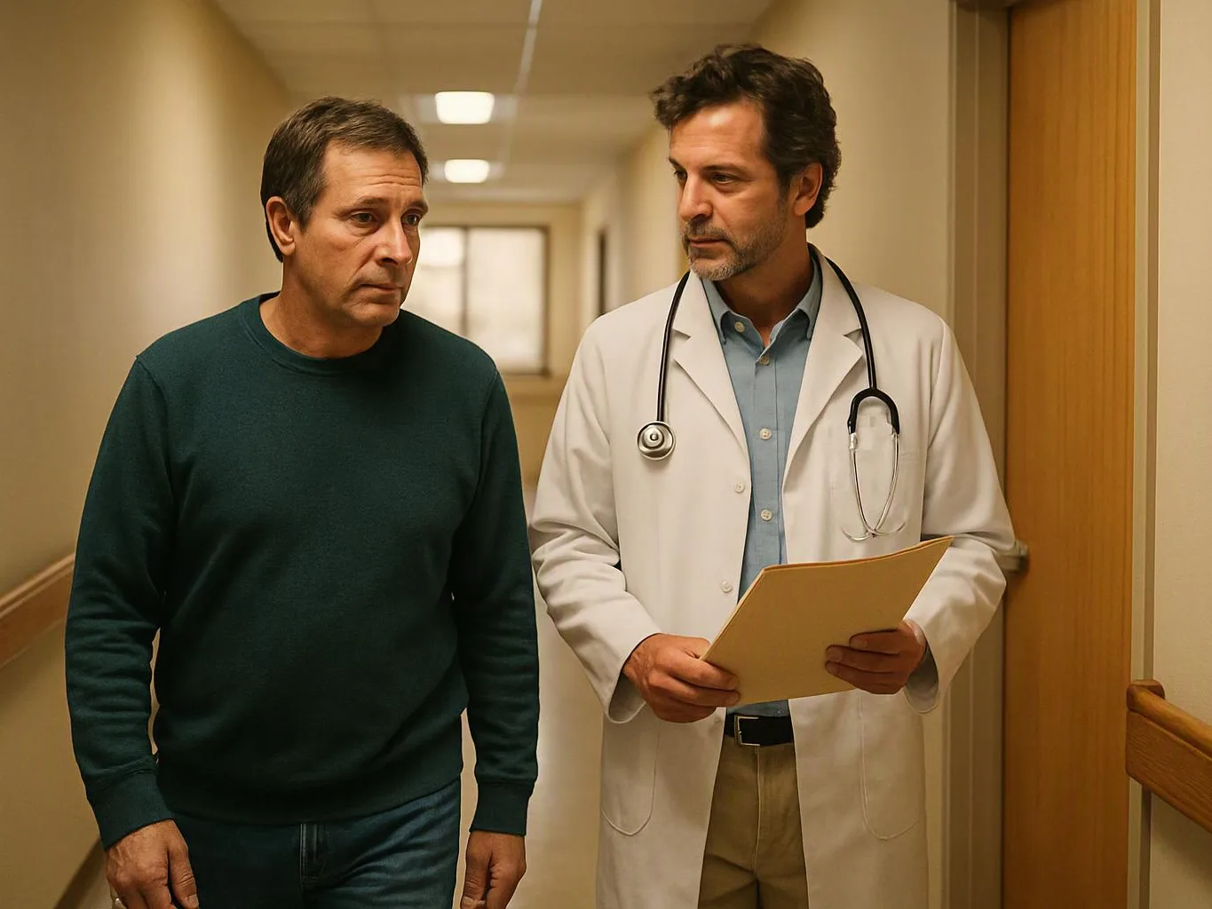 Two men walk down a hospital hallway, one in a white lab coat holding a folder while the other looks concerned