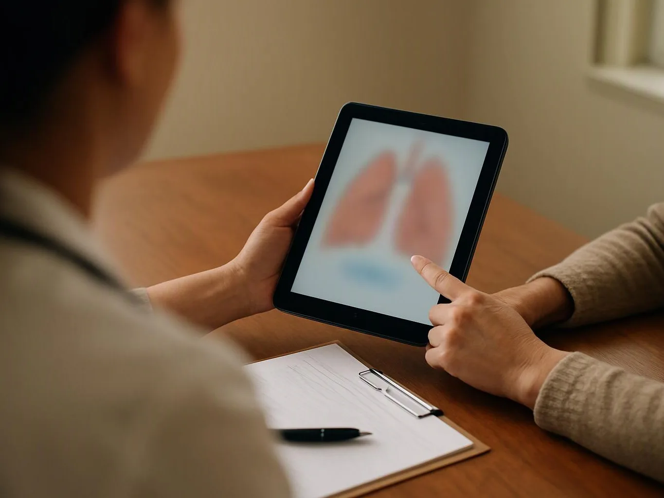 Two people look at a tablet showing a blurred lung image while sitting at a wooden table
