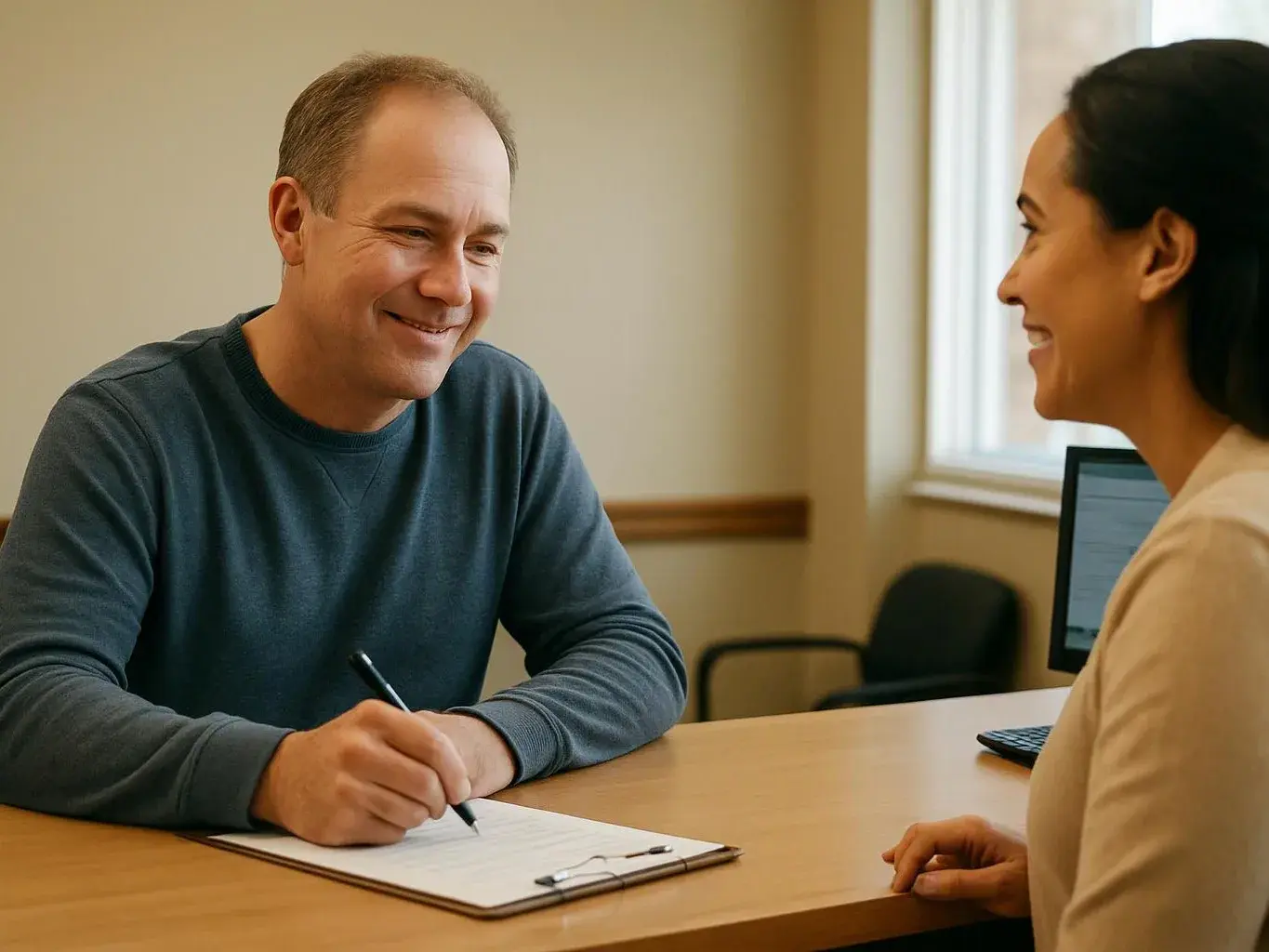 Two people smile across a desk while one writes on a clipboard in a bright office room