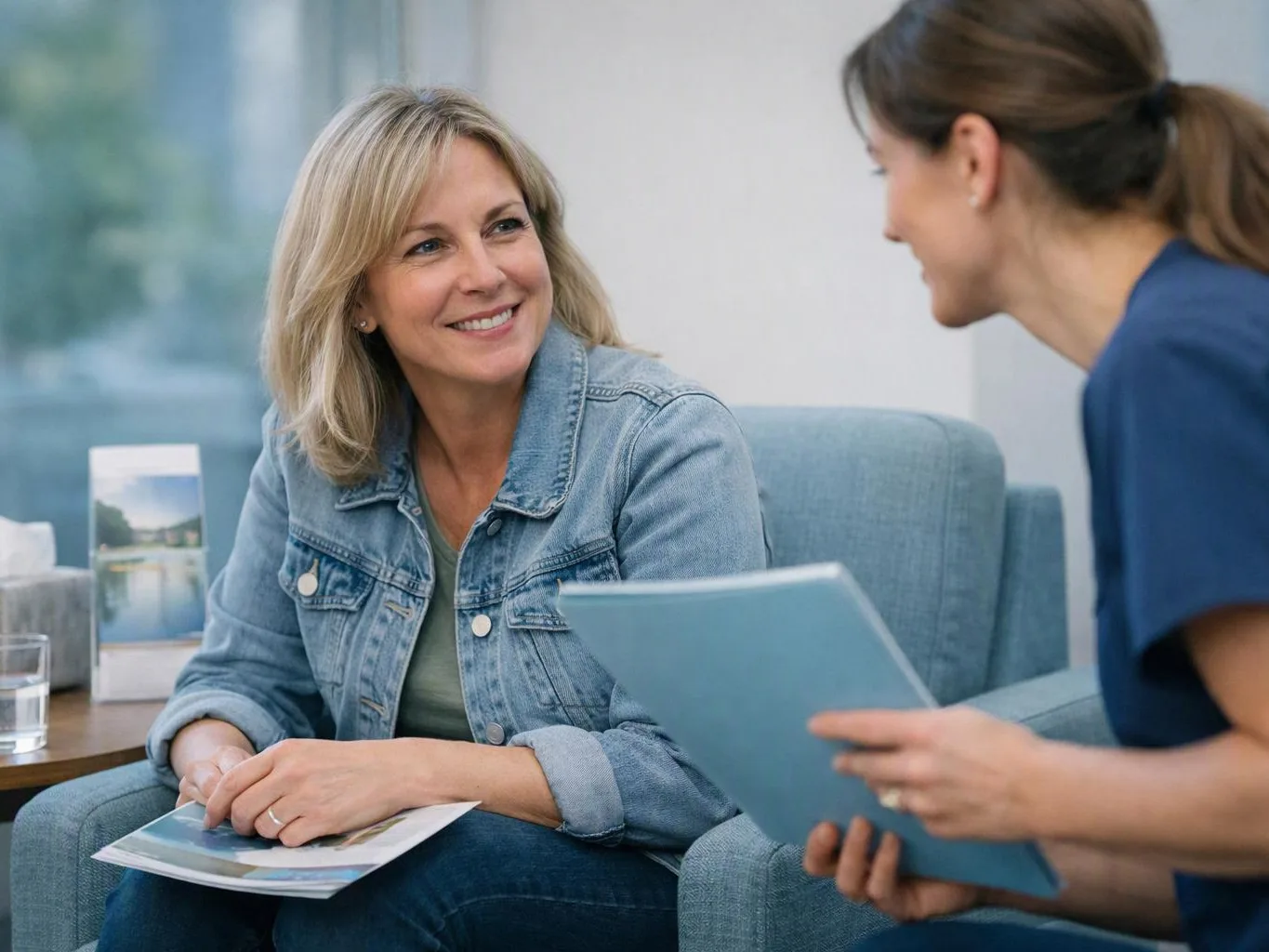 Two women sit in armchairs, smiling and talking while one holds papers in a bright room