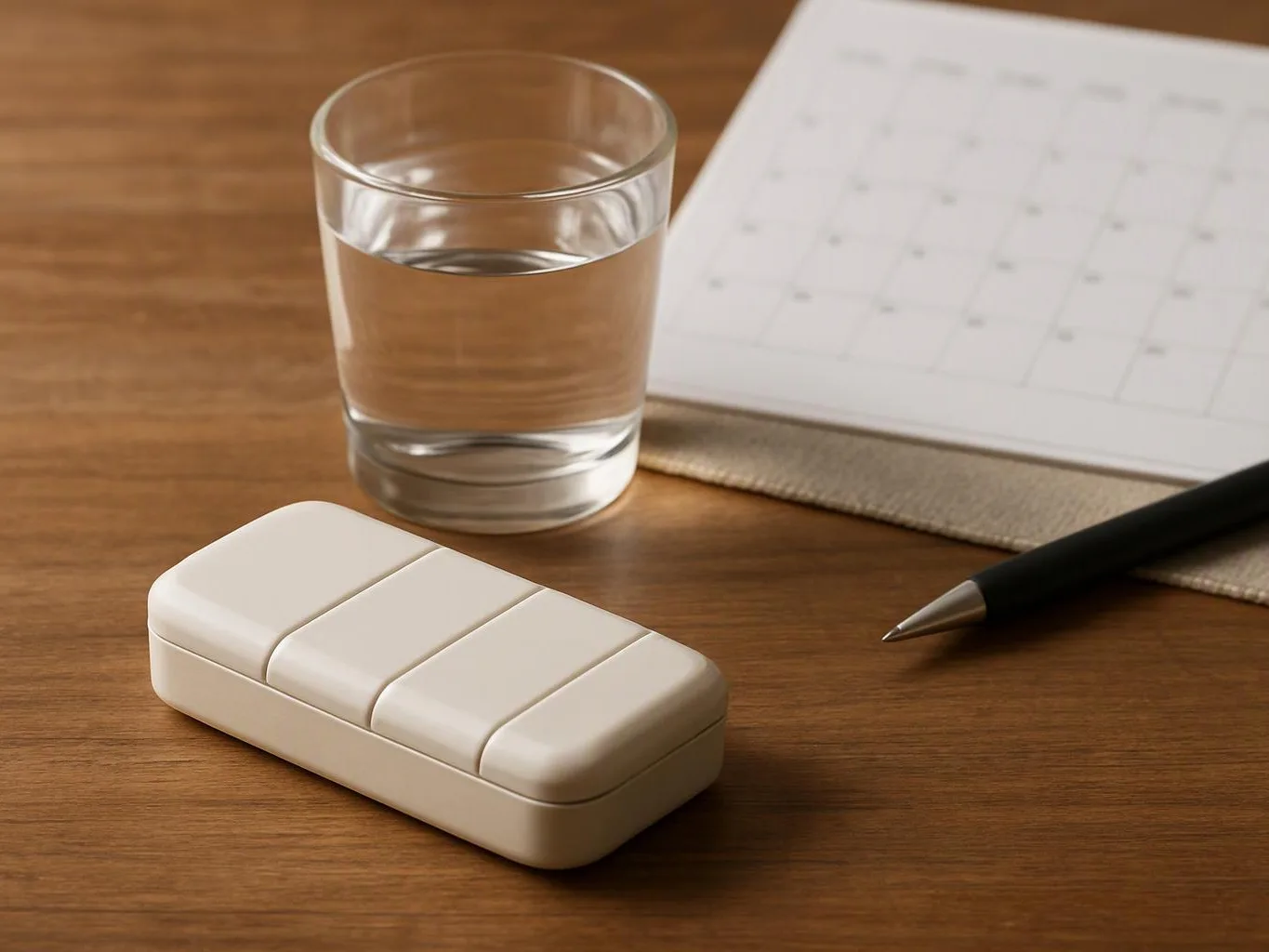 A white pill box sits beside a glass of water, a pen, and a calendar on a wooden desk