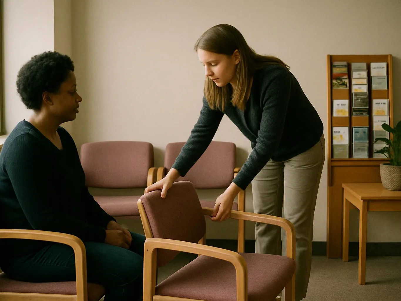 A woman adjusts a chair while another woman sits nearby in a quiet waiting room