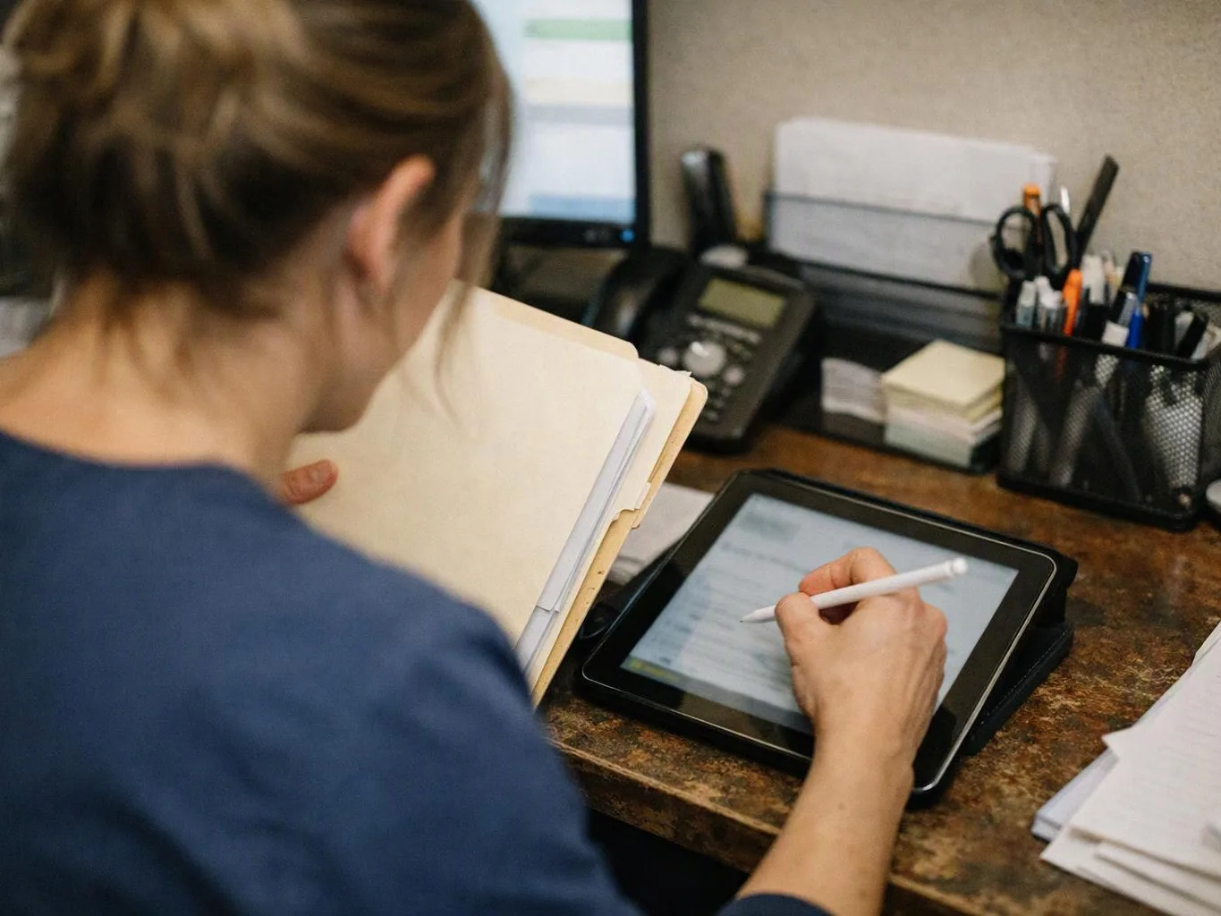 A woman in a blue shirt writes on a tablet at a cluttered office desk with folders and supplies