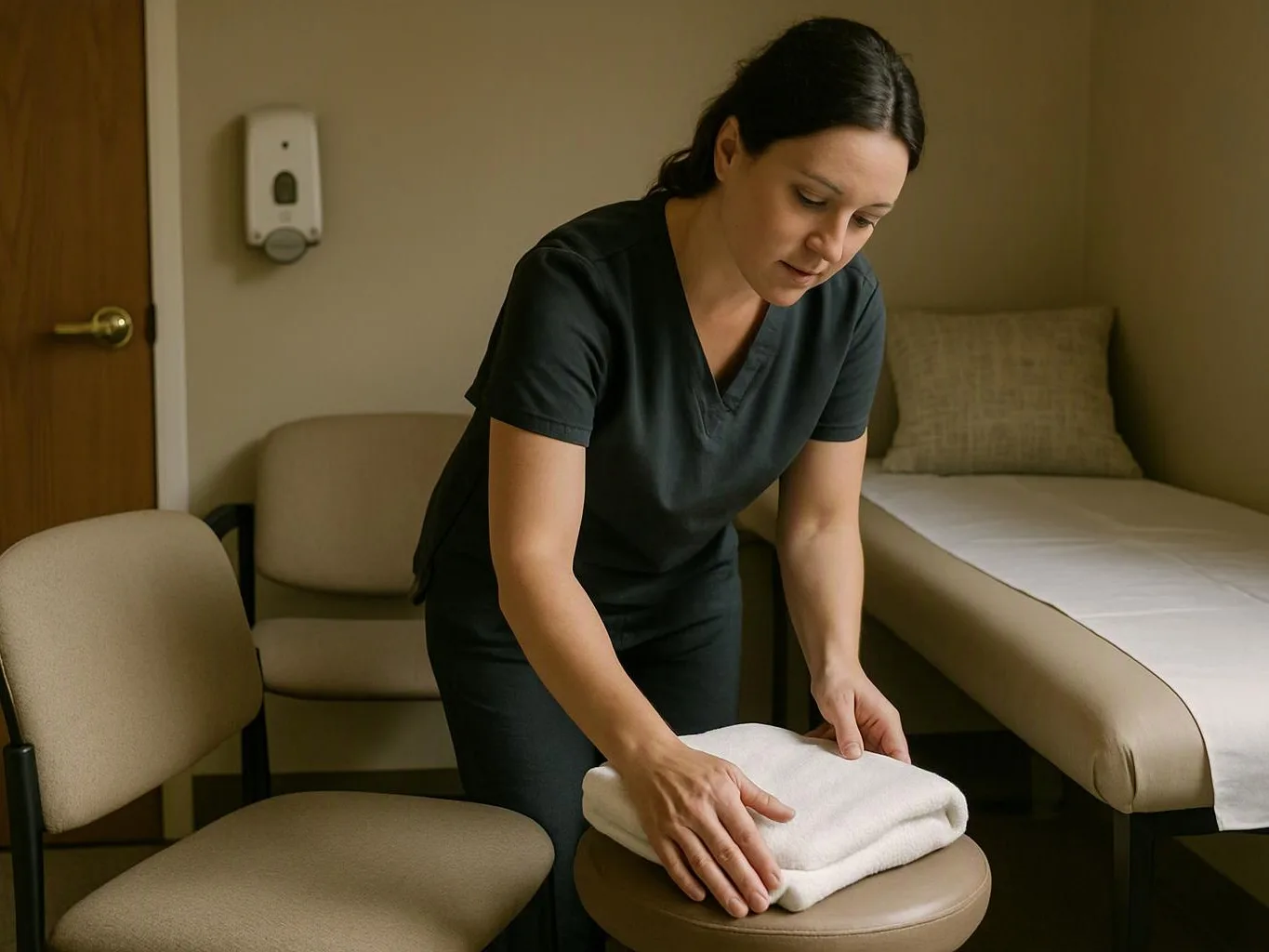 A woman in dark scrubs folds white towels beside a bed in a small treatment room