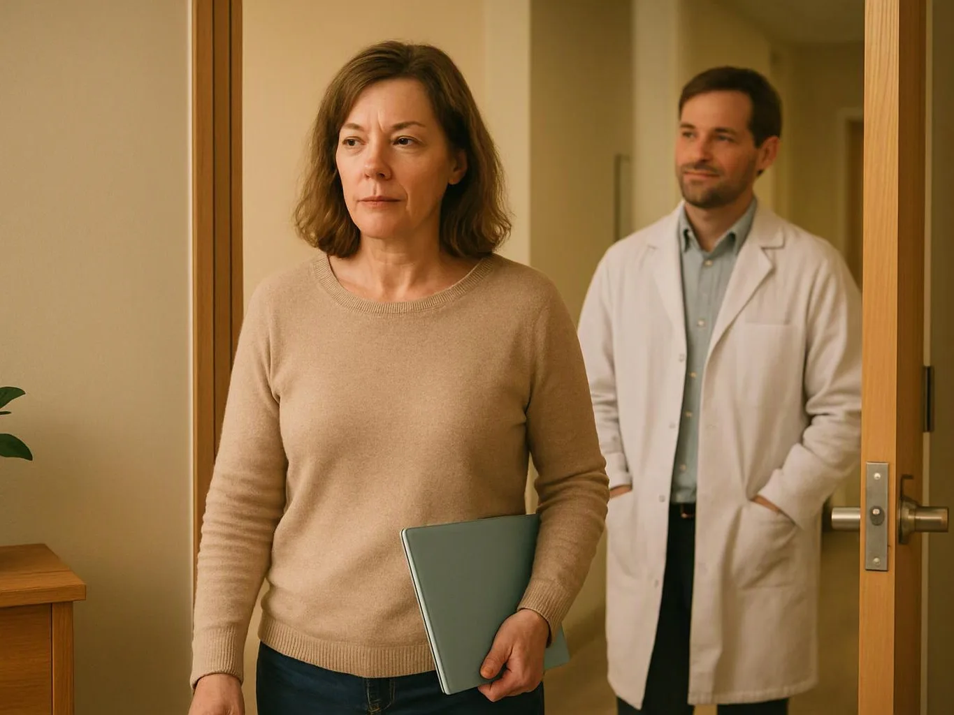 A woman holding a folder stands in a hallway while a man in a lab coat watches from behind