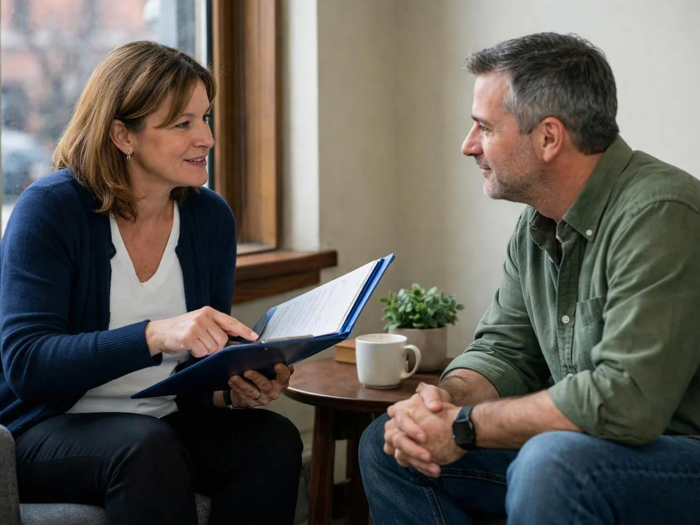 A woman shows a blue folder to a seated man during a calm conversation by a window