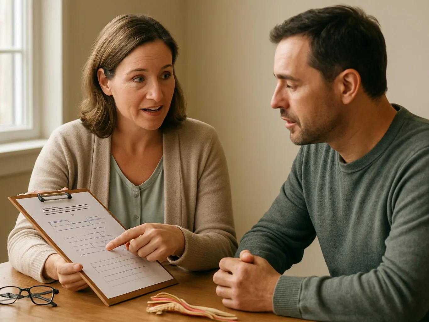 A woman shows a clipboard form to a man across a table in a bright room