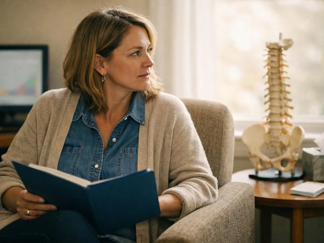 A woman sits in an armchair holding a blue book and looking to the side, with a spine model beside her