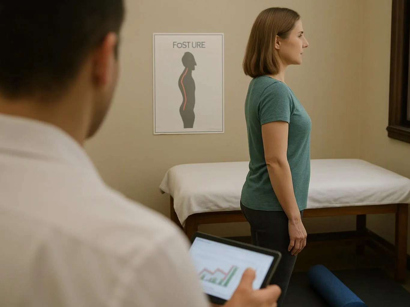 A woman stands in profile during a posture exam while a clinician holds a tablet in a treatment room