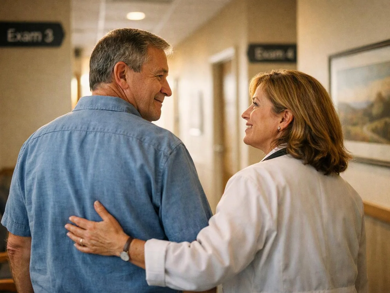 A woman in a white coat walks with a man down a hospital hallway, passing exam room signs