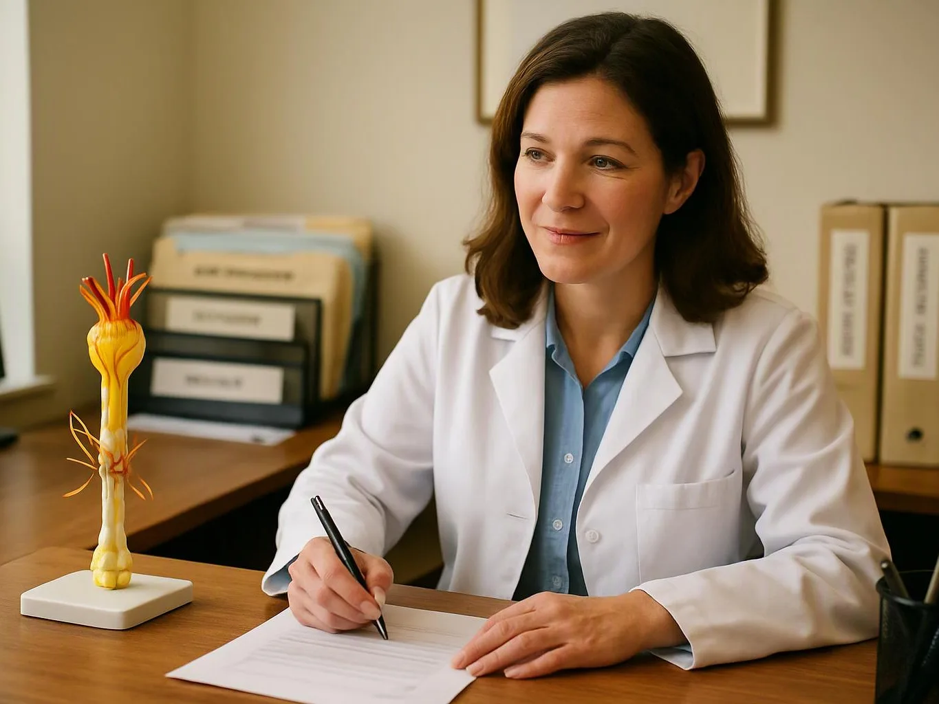A woman in a white lab coat writes on paper at a desk beside a spine model in an office