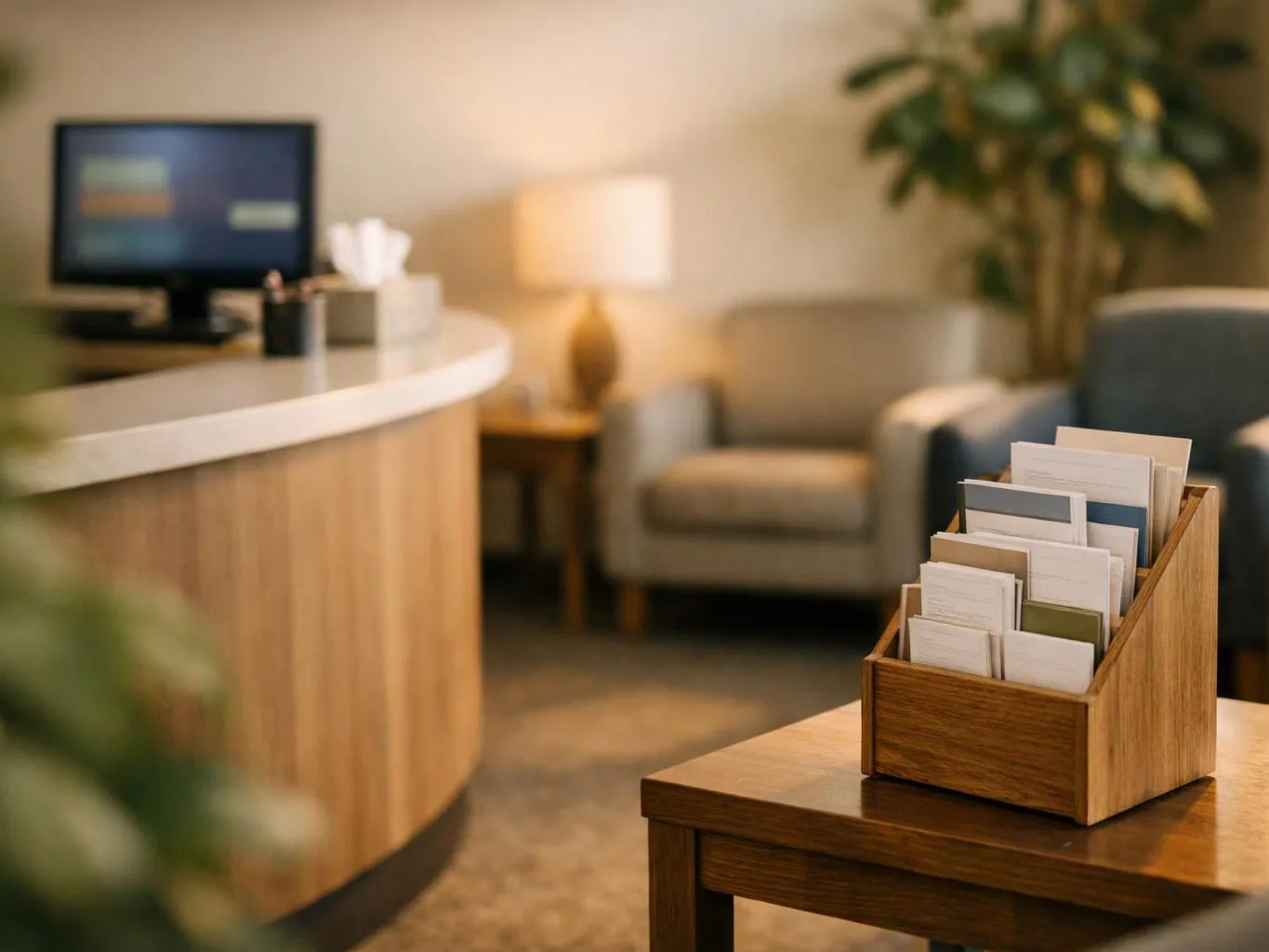 A wooden card holder sits on a table in a softly lit reception waiting area