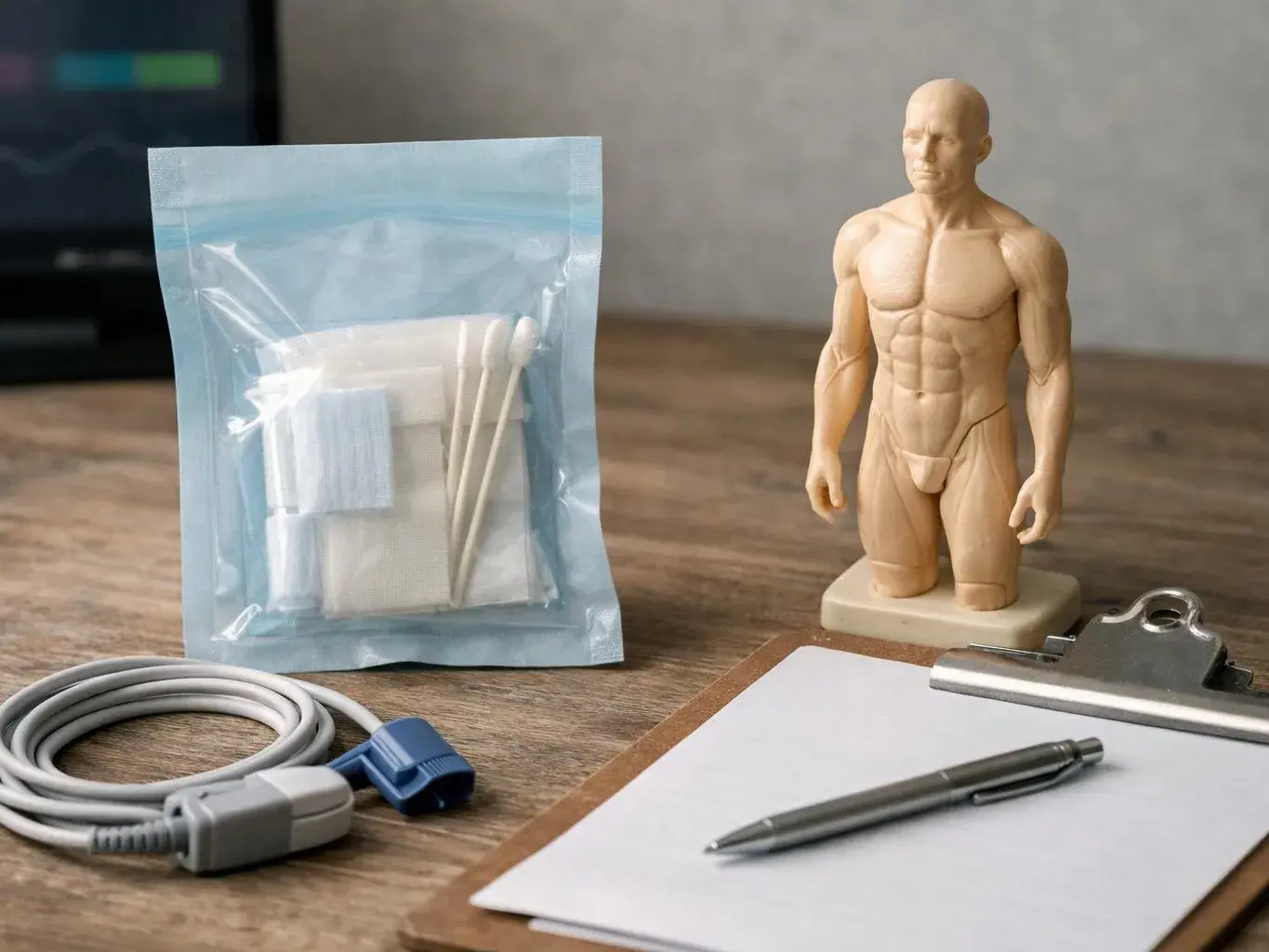 A wooden desk holds a cable, a sealed medical kit, a muscular anatomy figure, and a clipboard with paper and pen